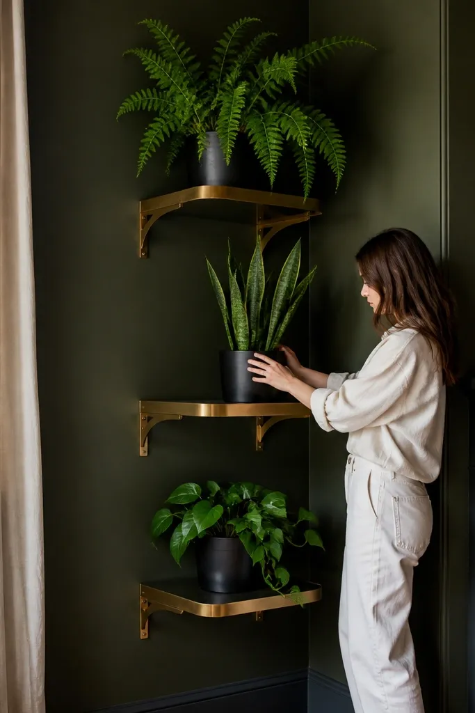 Corner shelves with brass brackets and black pots holding jungle-style plants