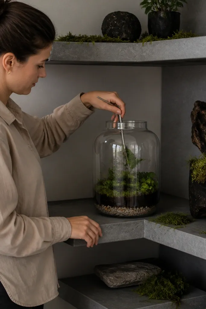 Stone-gray corner shelves with a small terrarium jar and moss accents
