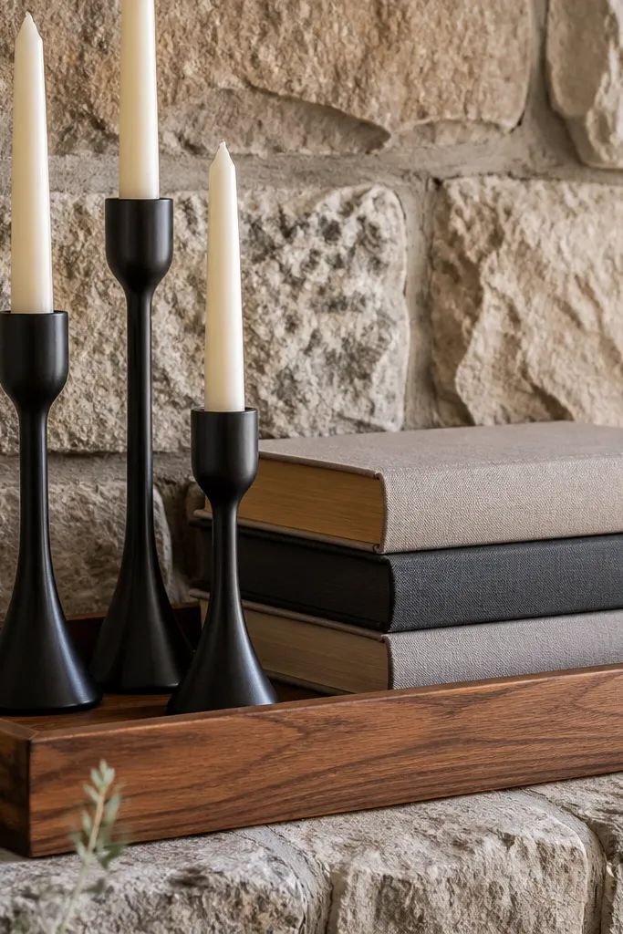 Black metal candlesticks with warm wood tray and stacked books on a stone mantel