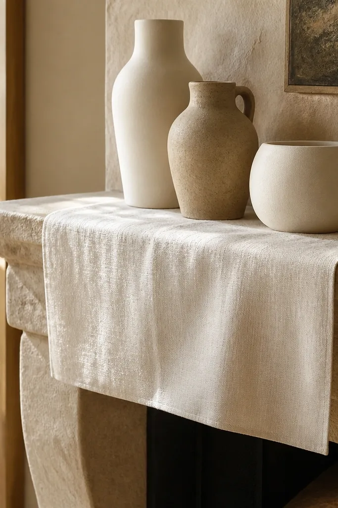Cream linen runner with three ceramic vases on a stone mantel