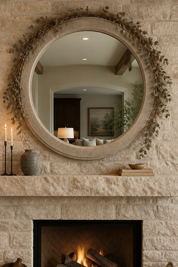 Round mirror above mantel with neutral garland along the frame