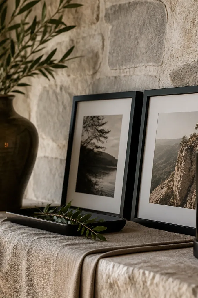 Black picture frame, oat fabric, and olive accents on a stone mantel