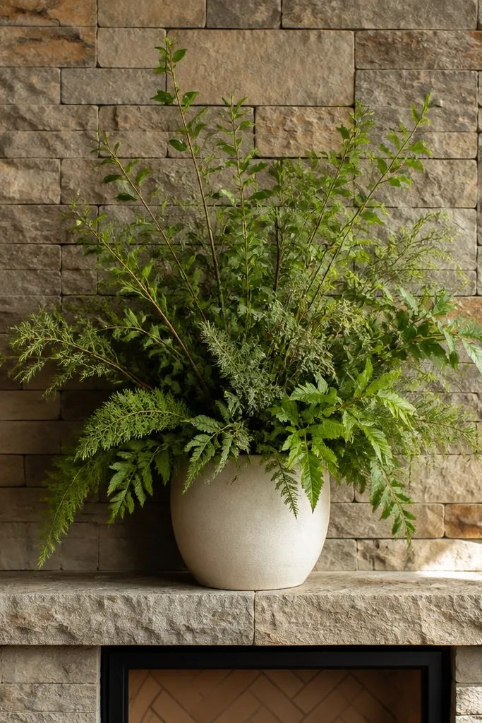 Tall textured green plant with ceramic pot on a stone mantel