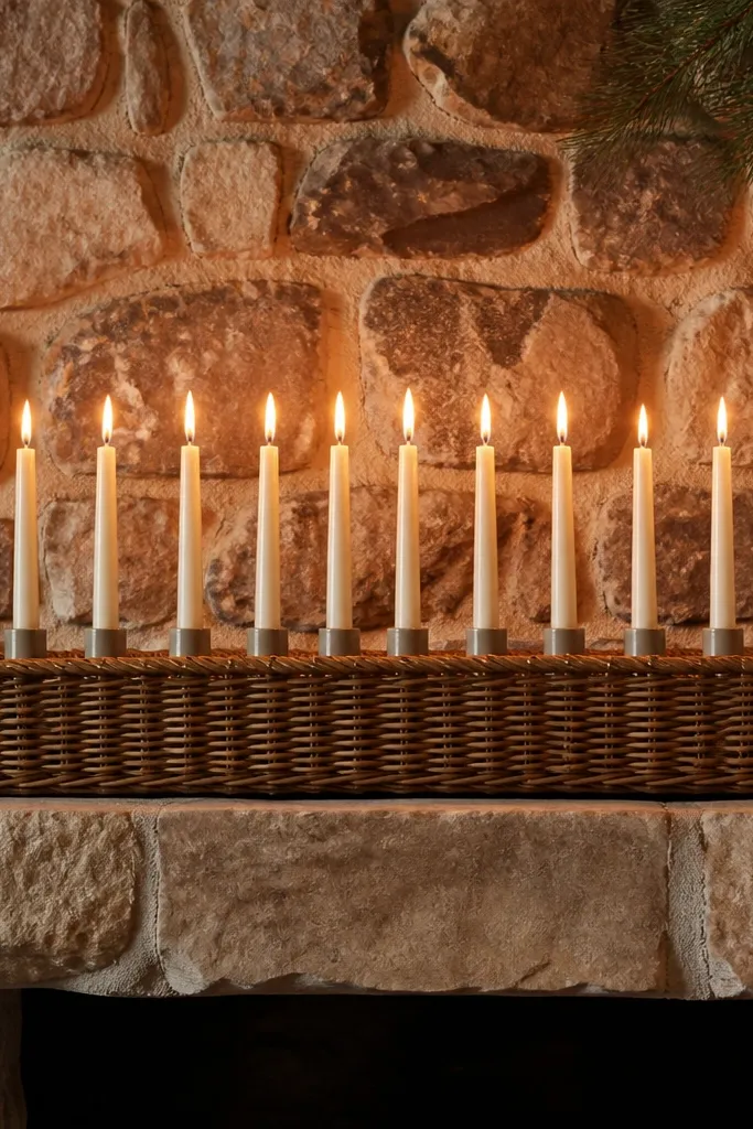 Woven basket under three candles on a stone mantel