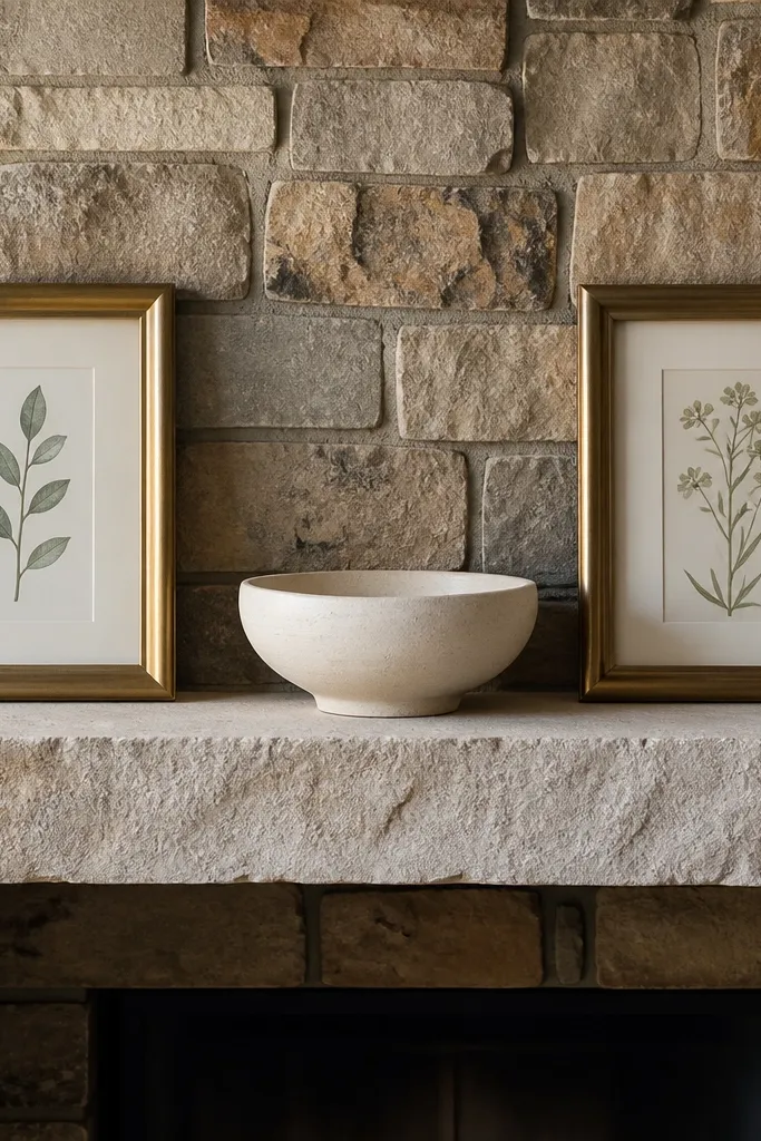 Two framed prints and a ceramic bowl centered on a stone mantel