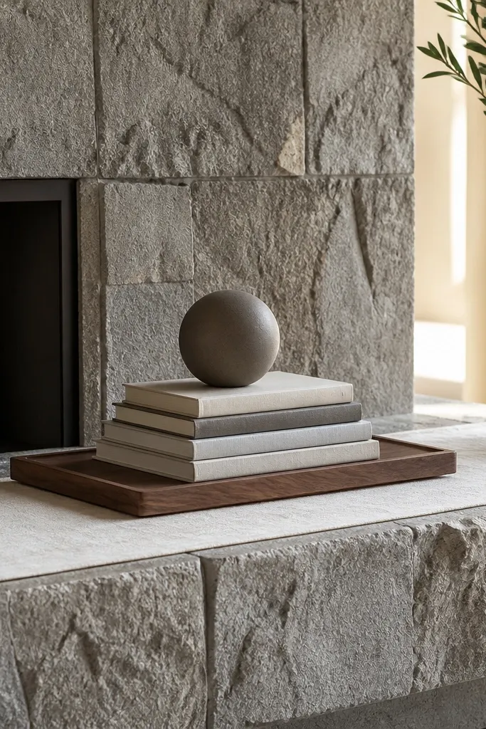 White linen runner with a walnut tray and small neutral ceramics on a wood mantel