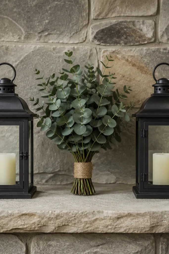 Black iron lanterns on a mantel with a single green eucalyptus bundle in the center