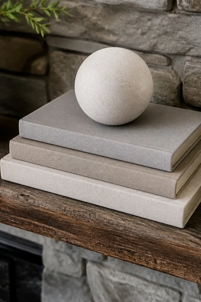 Stacked neutral books with a white ceramic sphere on a wood mantel