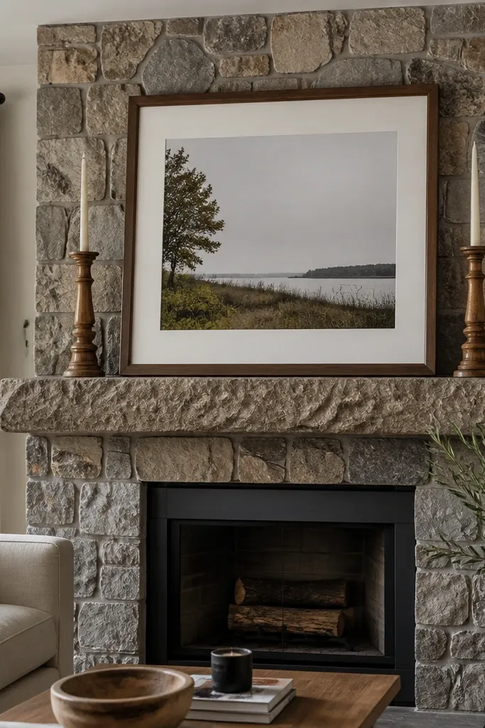 Large framed artwork above a mantel with two matching wood candlesticks below