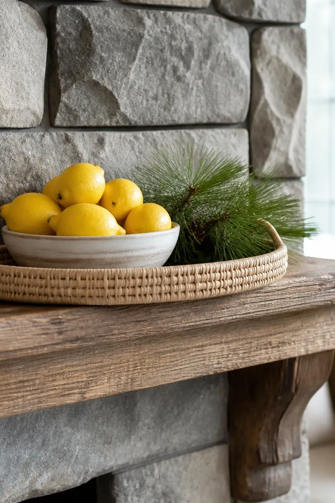 Rattan tray on a mantel with lemons in a bowl and pine stems in a vase