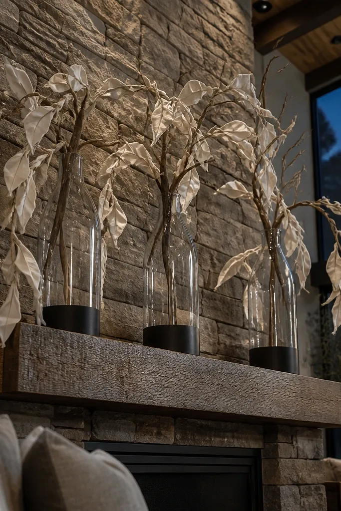 Tall bottles on a mantel with linen-wrapped branches arranged in a line