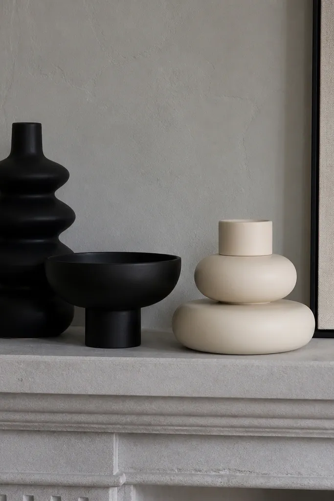 Monochrome black and cream ceramic stack on a mantel with a simple tray