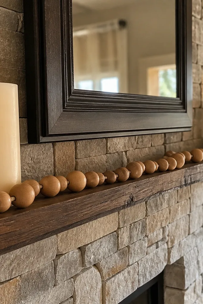 Wood bead garland draped across a mantel with two cream pillar candles