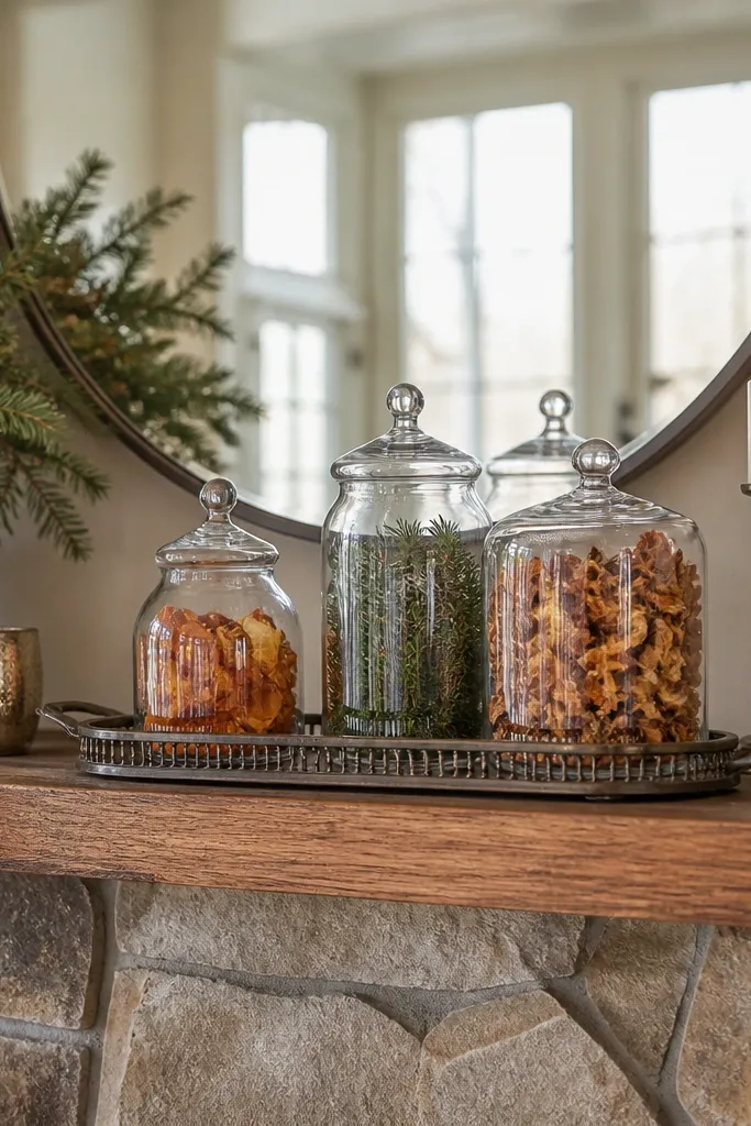 Round mirror above mantel with apothecary jars on a tray