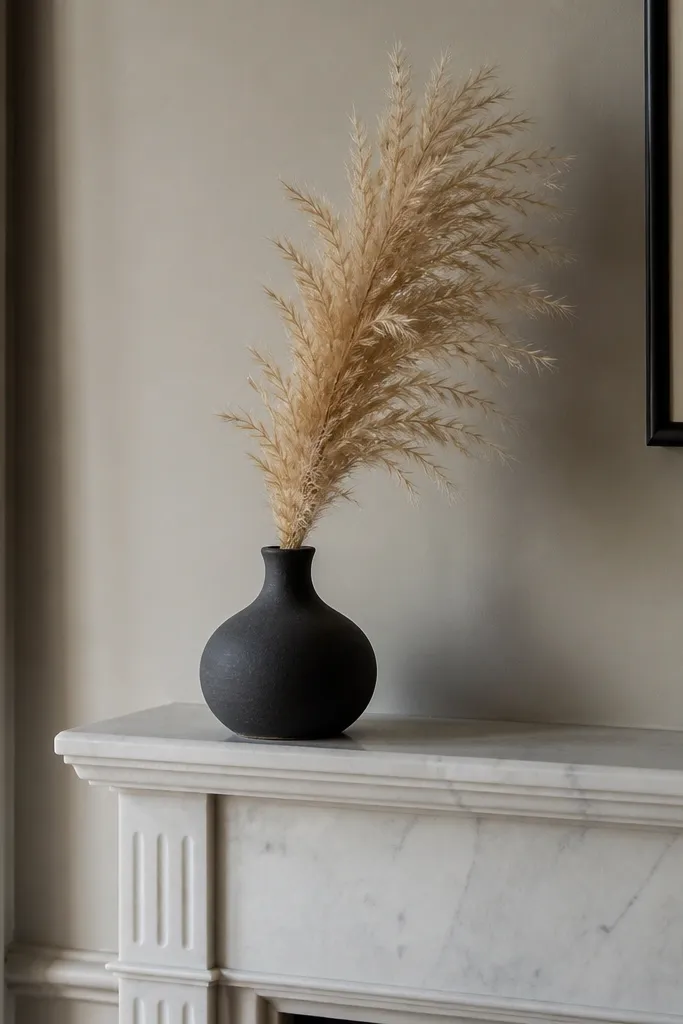 Charcoal ceramic vase with one dried pampas plume on a mantel