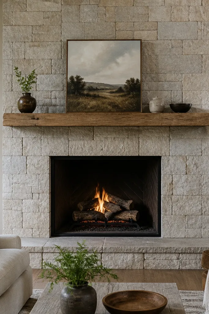 Small decor items on a narrow reclaimed wood shelf above a stone fireplace