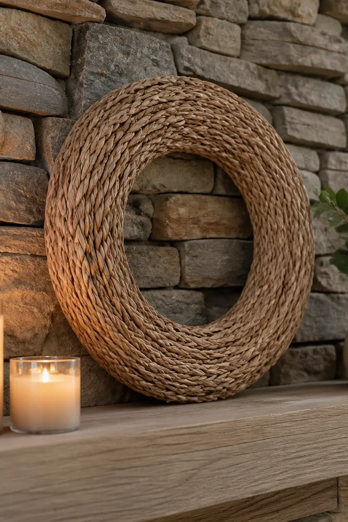 Neutral wreath hanging near stone with two mantel candles and a small centerpiece