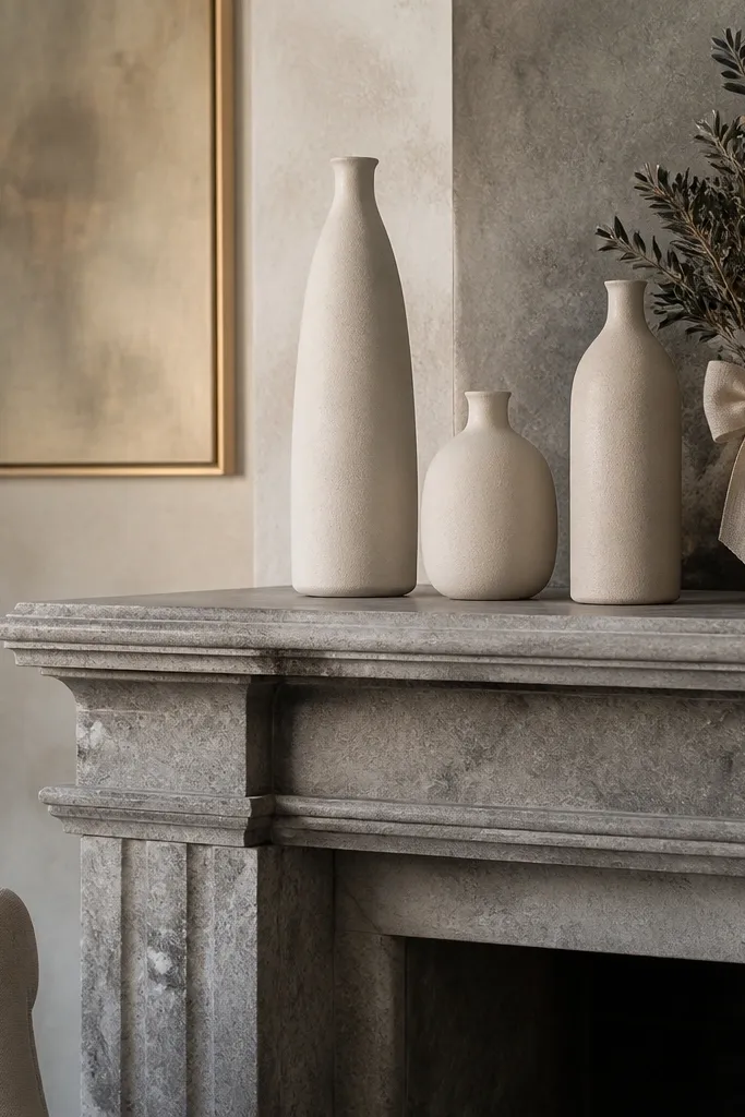 Three tall ceramic vases on a mantel with linen bows tied on one side