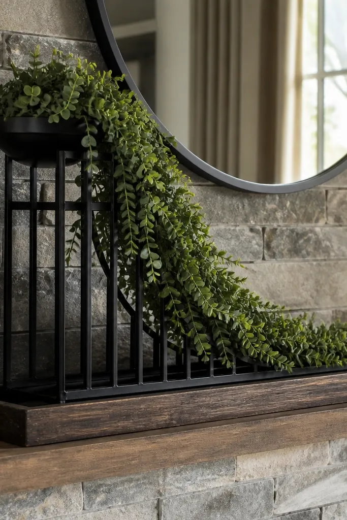 Large tray with a black iron plant stand and trailing greenery on a mantel