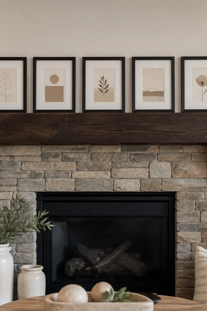 Five small framed prints lined across a mantel with a single candle on each end