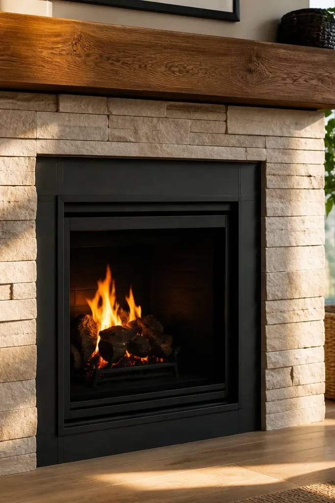 Warm white stacked stone surround with a black metal frame and simple mantel.