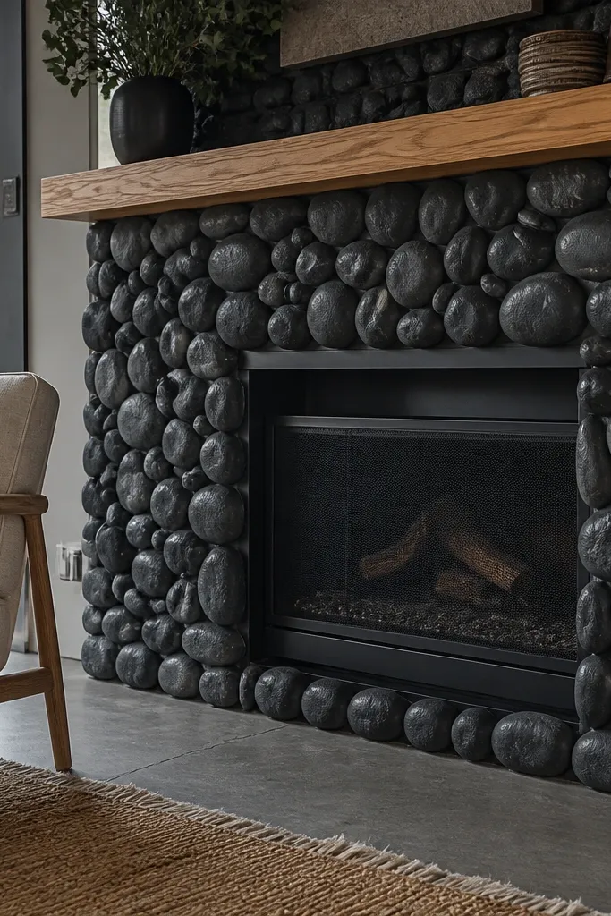 Charcoal river rock fireplace surround with a thin oak mantel and light wall.
