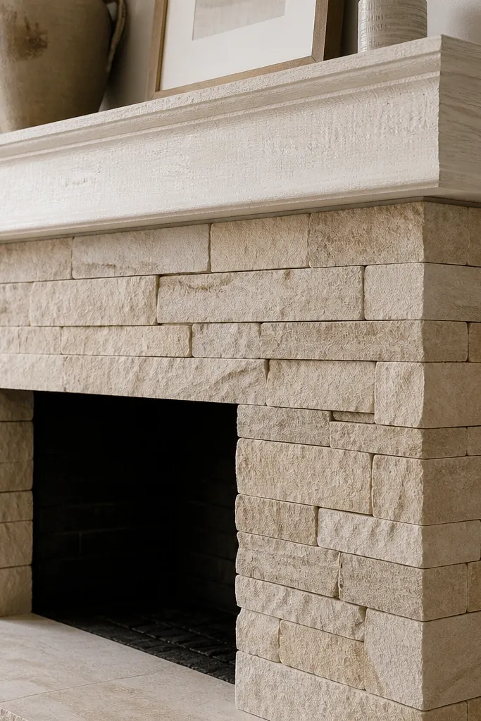 Beige ledger stone fireplace with a light limewashed mantel shelf.