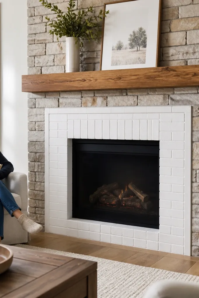 Stacked stone fireplace with a white painted frame around the opening.