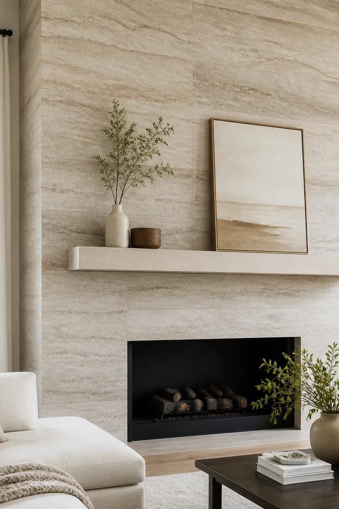 Light travertine-look stone fireplace with a floating mantel and visible reveal gap.