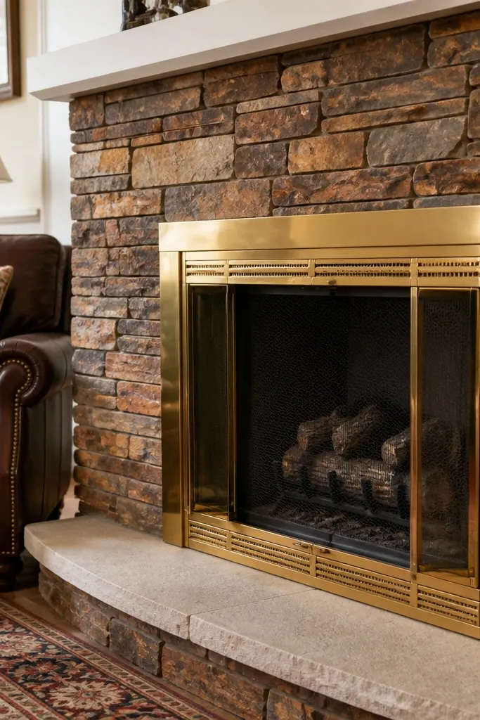 Rust and cream stacked stone fireplace with a brass-colored firebox surround.