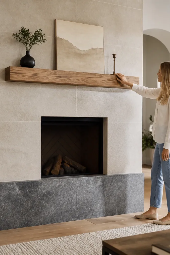 Two-tone stone fireplace with darker stone base band and lighter upper surround.