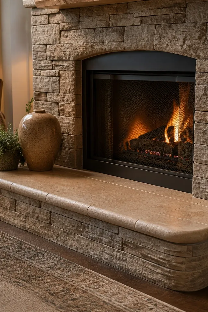 Stacked stone fireplace with a stone hearth shelf and rounded edge trim.