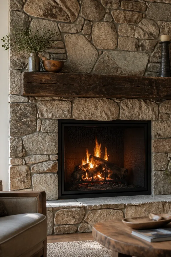 Rustic fieldstone-look veneer fireplace with a thick dark wood mantel beam.