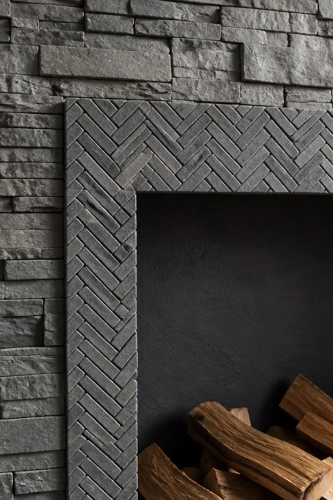 Gray stone fireplace with a herringbone accent band around the firebox opening.