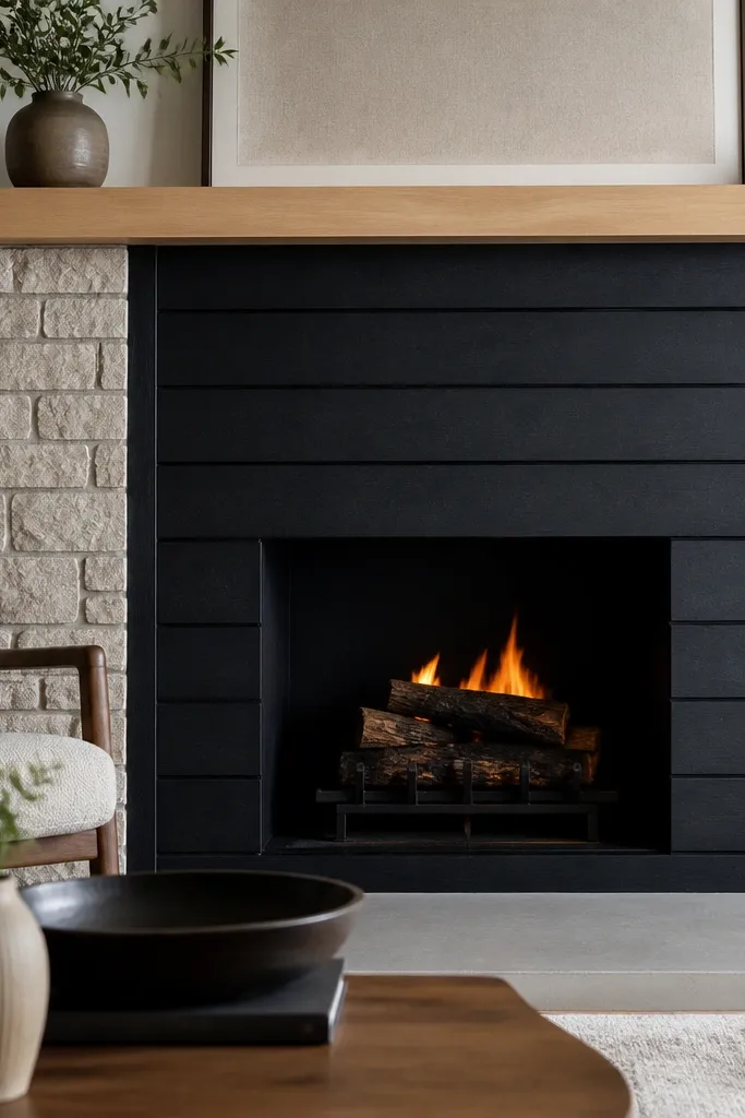 Beige stone surround with a black shiplap panel behind the firebox.