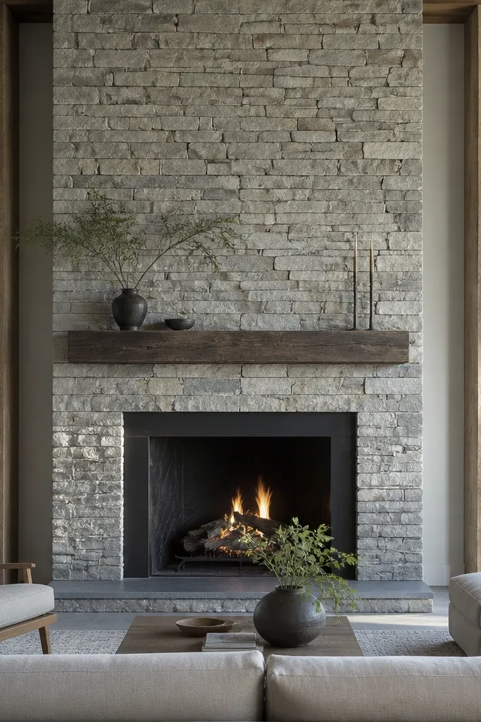 Stone fireplace with tall vertical columns and a centered mantel opening.