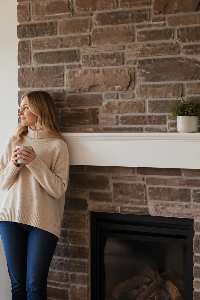 Chocolate brown stacked stone fireplace with light gray mortar and a white mantel.
