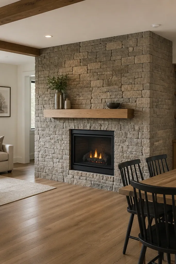 Stone fireplace surround that continues on both sides with matching corners.