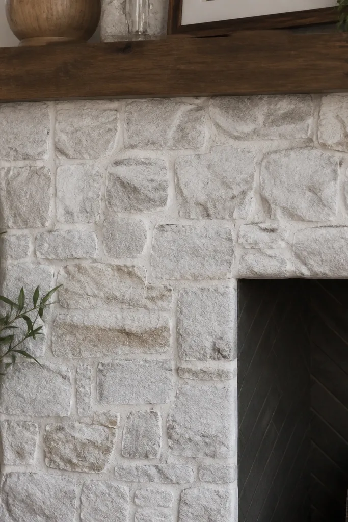 Stone fireplace with a white-gray mortar-wash finish over the stone faces.