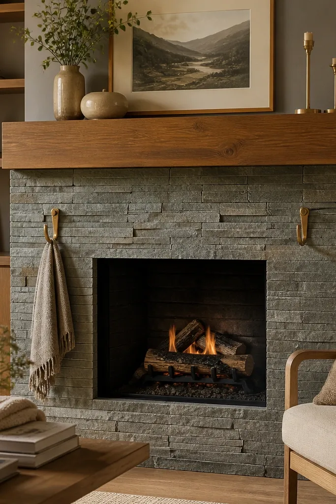 Sage green stone veneer fireplace with warm wood mantel and brass accents.