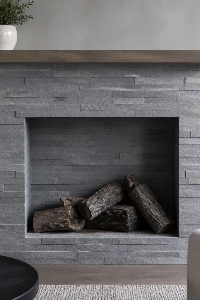 Monochrome gray stone fireplace with a recessed niche and minimal trim.