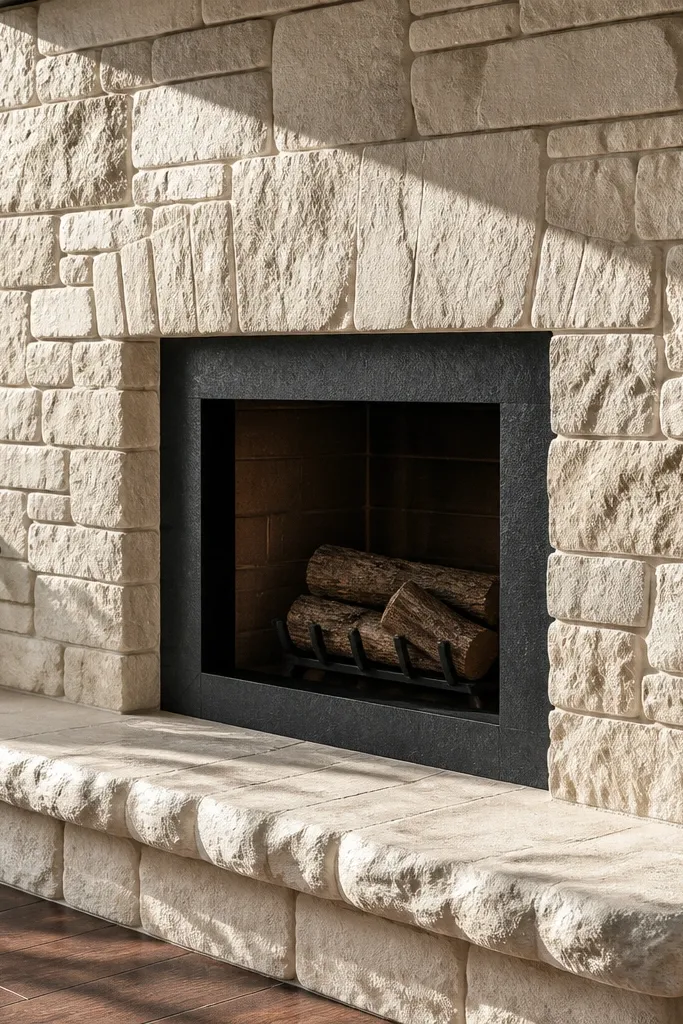 Cream stone veneer fireplace with a thick rounded hearth edge