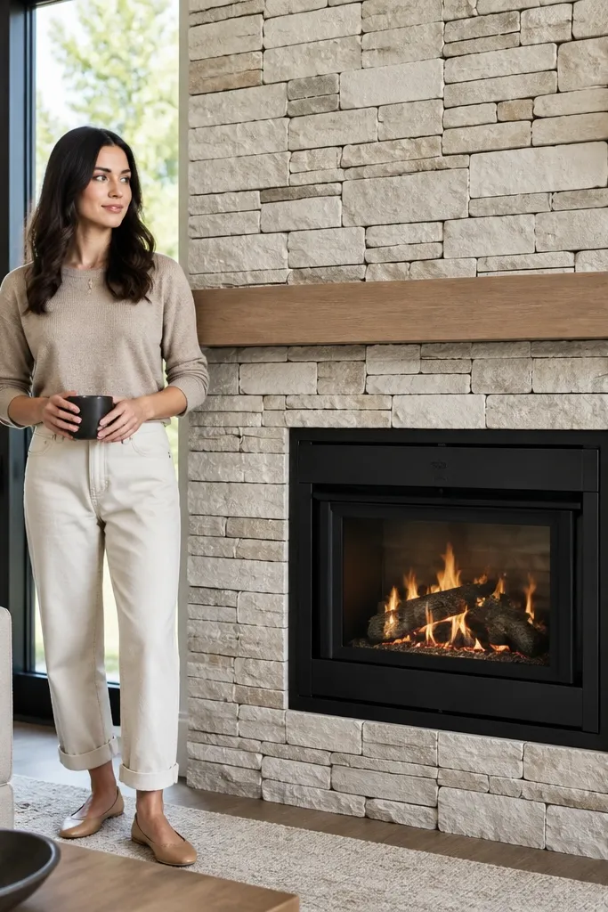 White stacked stone surround with a thin dark mantel