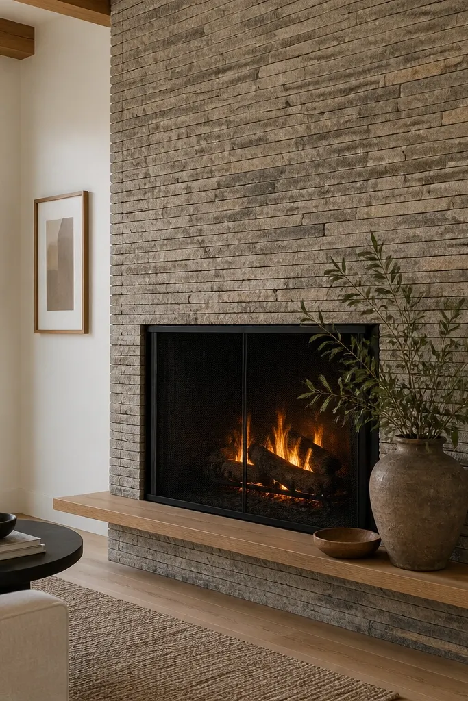 Light gray stone with dark grout around a simple fireplace opening