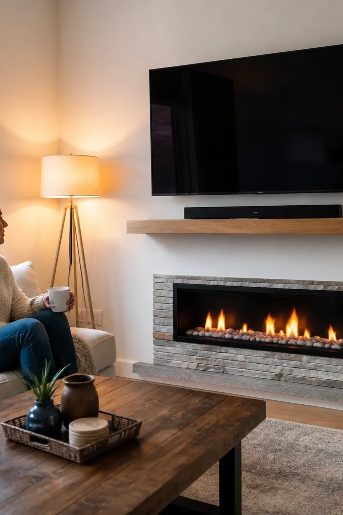 Stone fireplace with a slim shelf above and a smooth wall around it