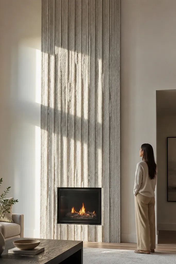 Vertical stone slats framing a tall narrow fireplace opening