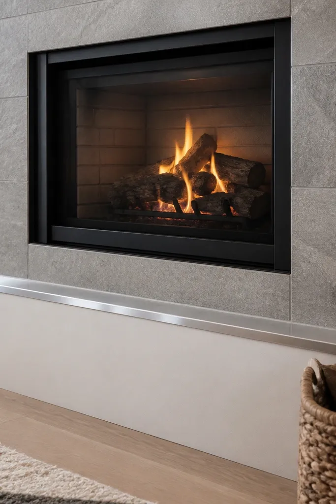 Gray stone surround with a slim brushed metal hearth edge