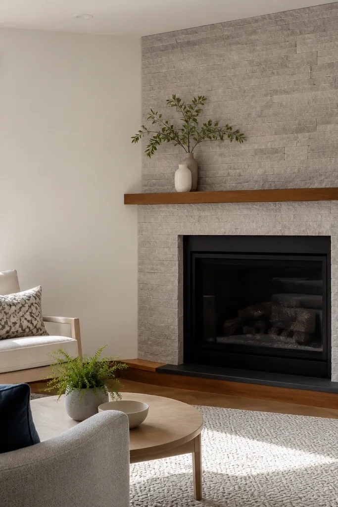 Stone fireplace surround on one wall corner with smooth paint on the other