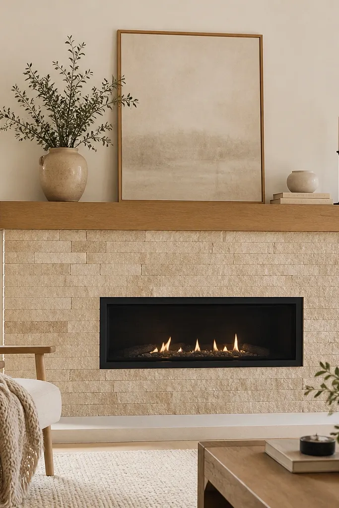 Warm limestone-look stone with a light oak mantel shelf