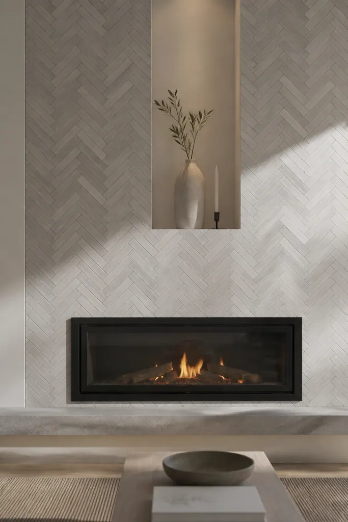 Herringbone stone surround with a thin vertical niche above the fireplace